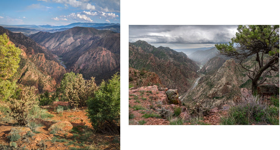 The Royal Gorge has different moods, as demonstrated by these two fine art nature images, one in mottled sunlight, the other in approaching rains.