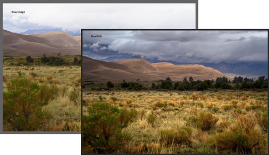 The Raw unprocessed image Storm Clouds at Great Sand Dunes National Park, overlayed by my final edited fine art landscape print.