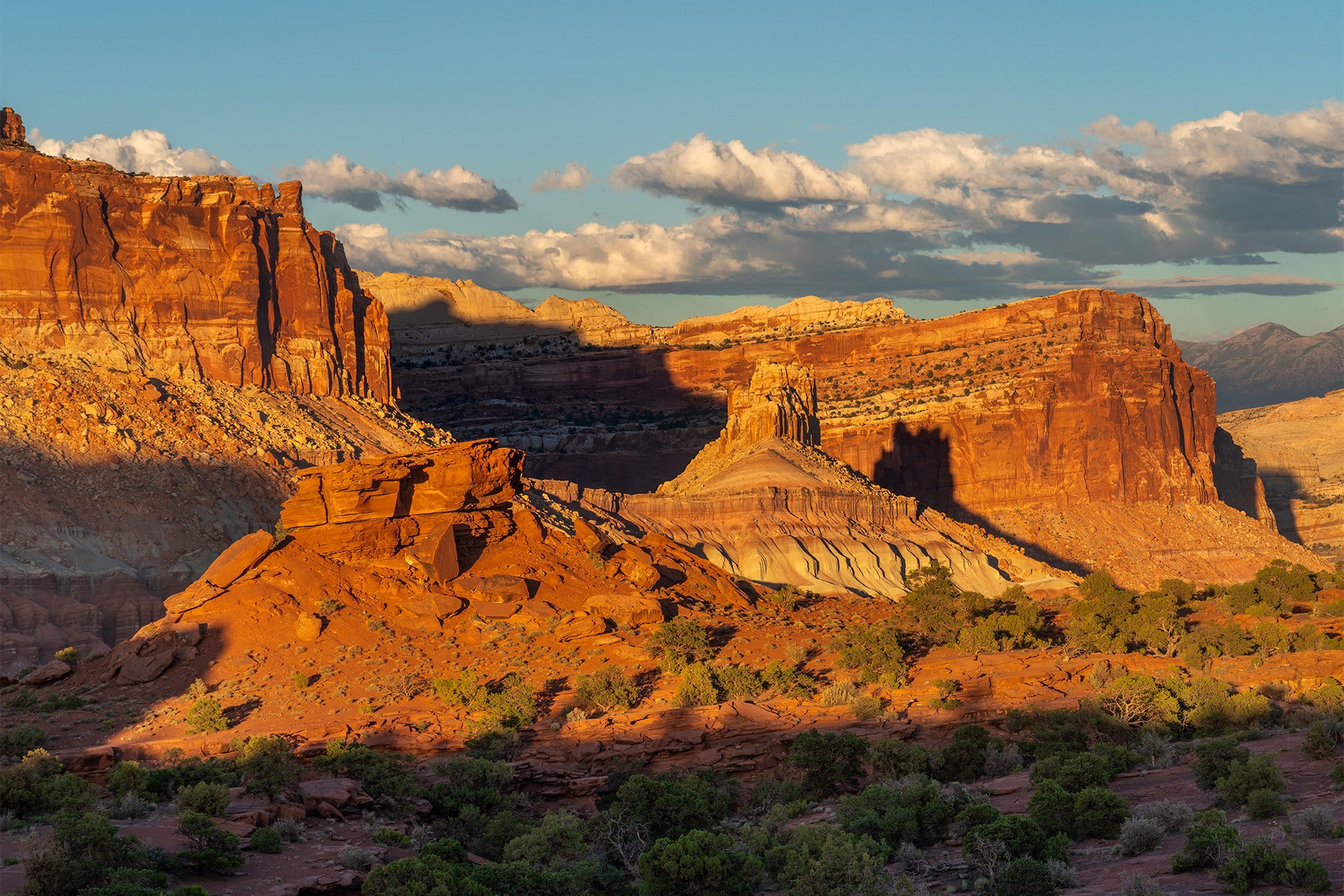 The setting sun highlights the red and white sandstone cliffs and outcrops at Capitol Reef National Park.  I love how the setting sun intensifies the colors of the cliffs in this fine art landscape print!