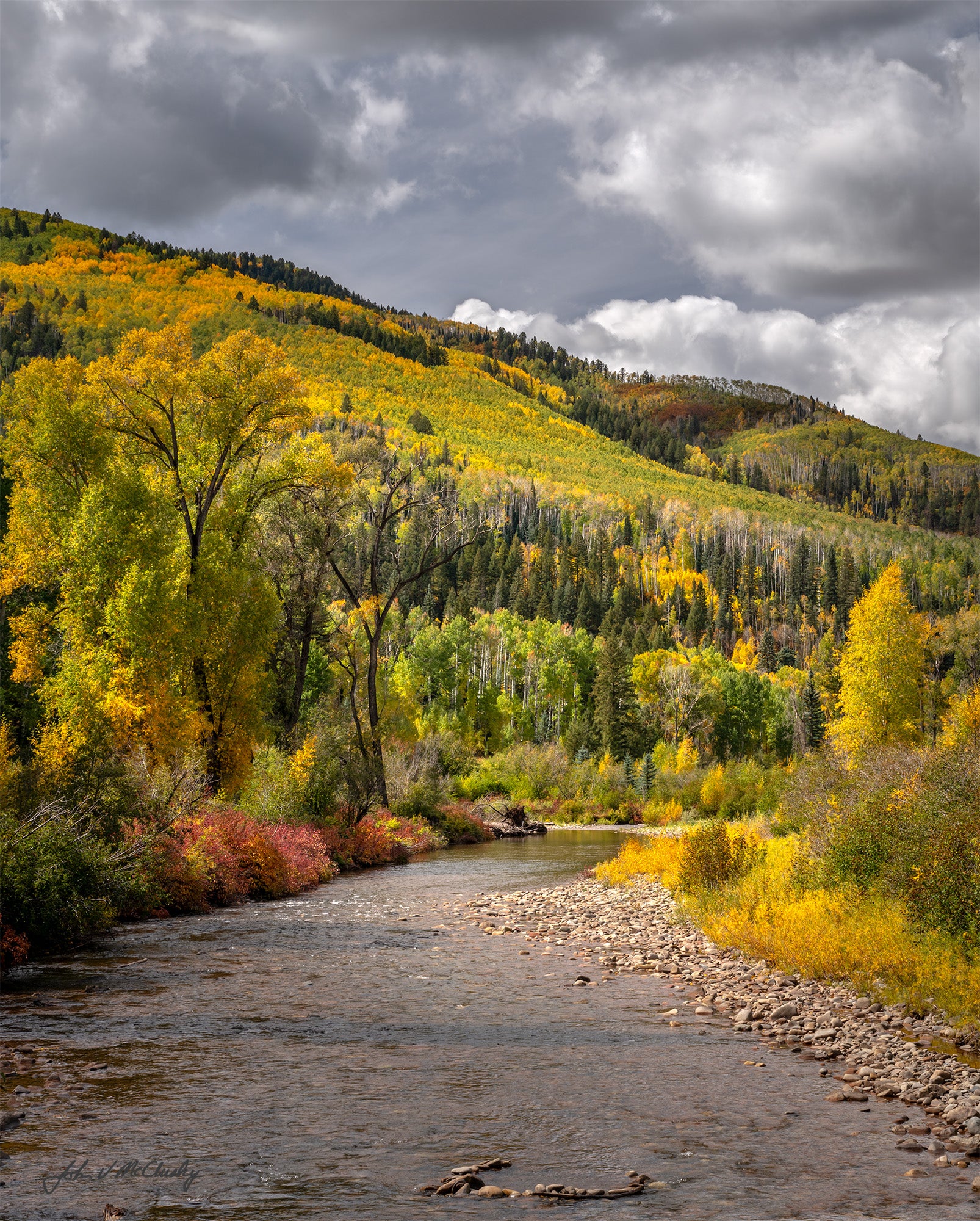 A river flows through a mountain valley as the trees and brush glow yellow and red. Fine Art Landscape Print from McClusky Nature Photography