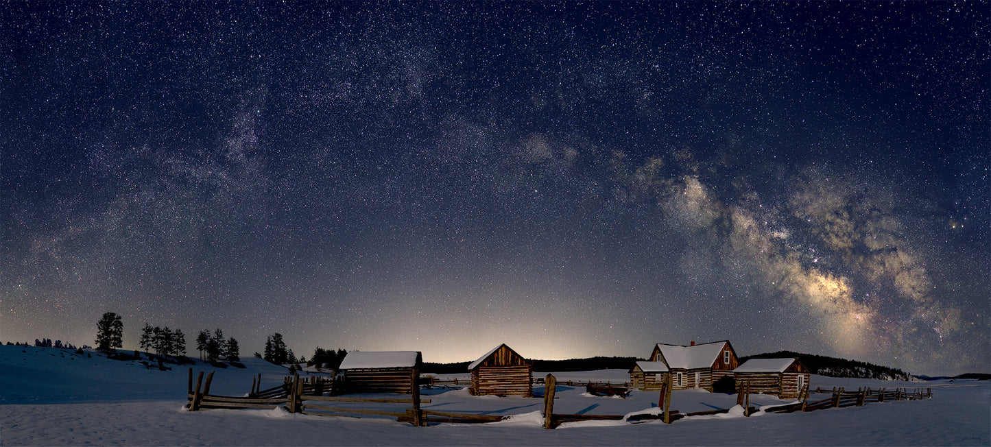 After months of waiting, the weather, snow, moon, and the Milky Way all aligned: the full arc of the Milky Way over a snowy Hornbeck Homestead lit by the setting moon. This astro-image takes me back to the peaceful awe of that night, and, with some imagination, back to a simpler time on the frontier. Fine Art Landscape Photography by McClusky Nature Photography.