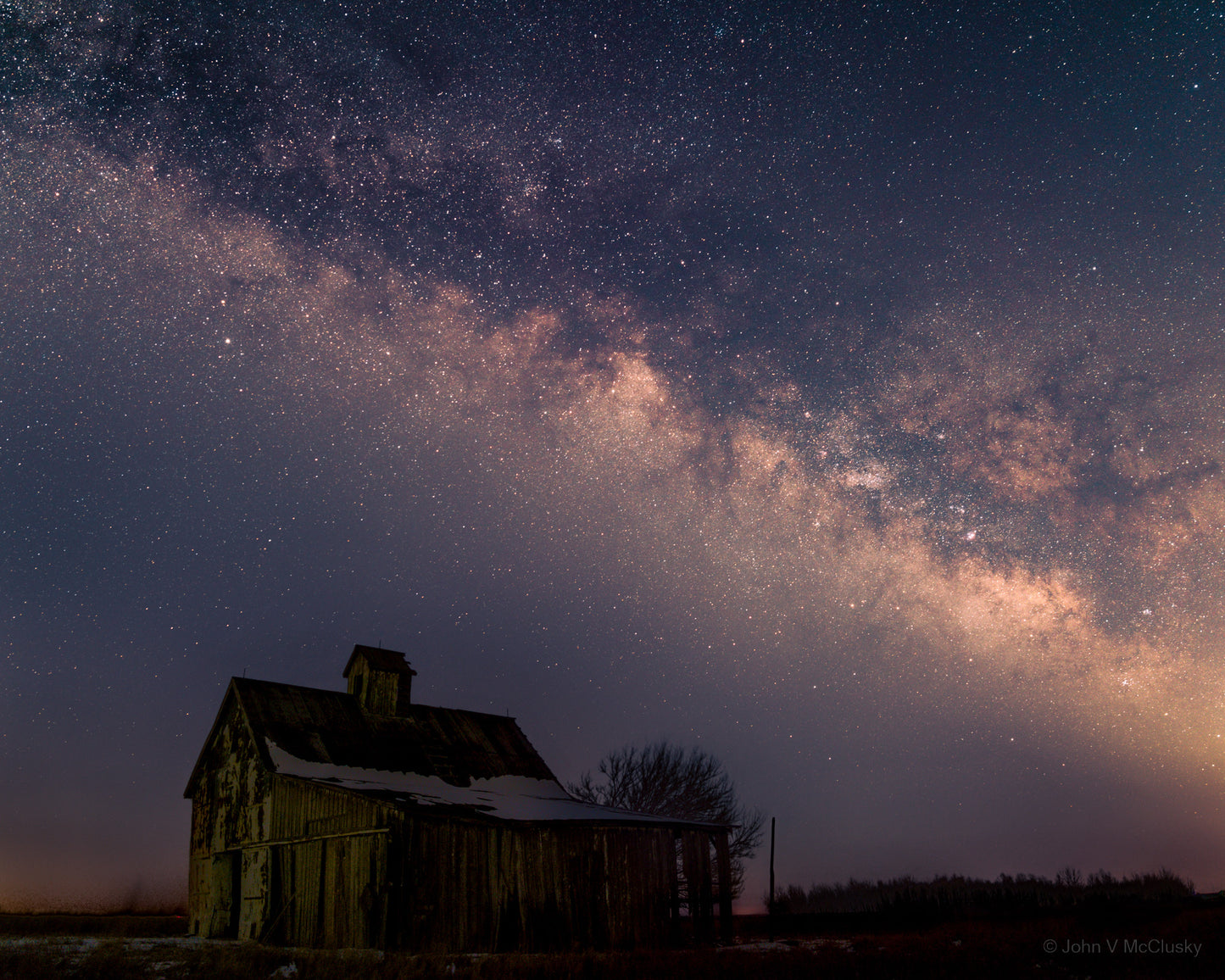 An old barn sits in starlight under the Milky Way in Central Illinois, in this landscape image print.