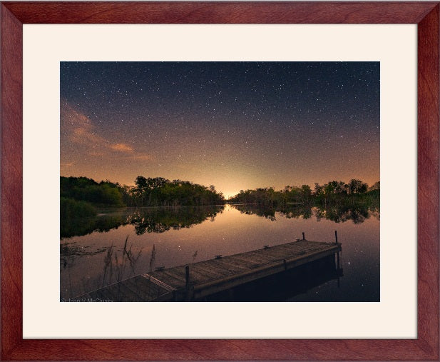 A fishing pier extends into Gridley Lake with the far shore and a starry sky reflected in the waters.  Springfield IL puts a glow on the horizon.  Available as a metal print, fine art print, canvas wrap, or mounted photographic print. 
Jim Edgar Panther Creek State and Fish and Wildlife Area
McClusky Nature Photography